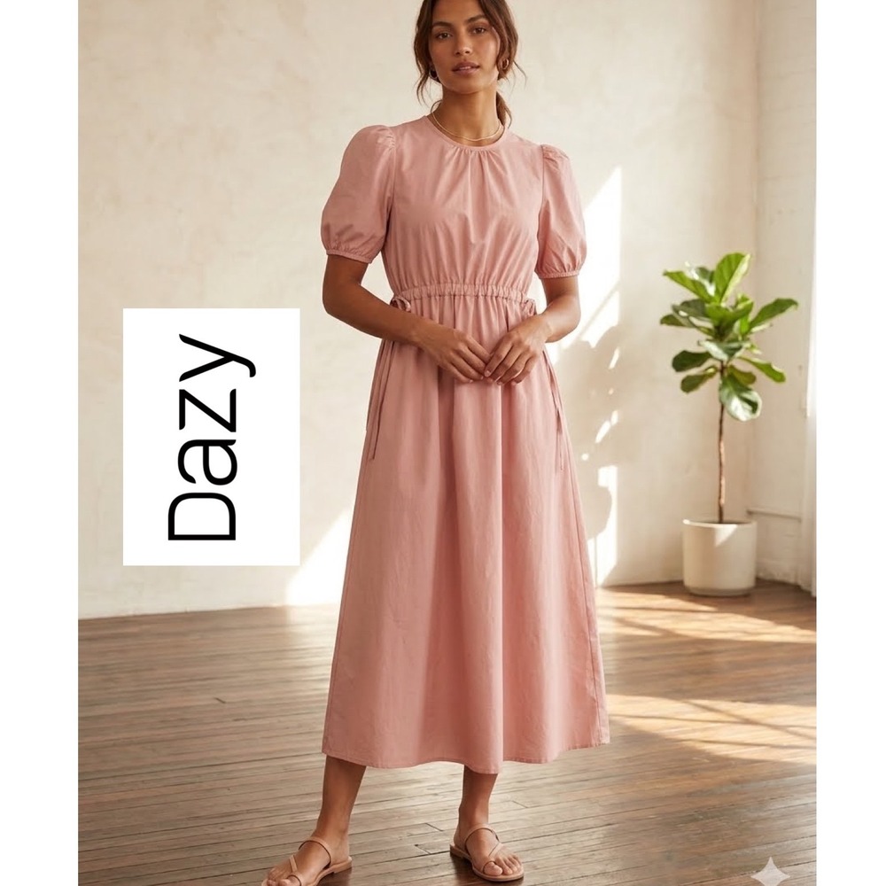 Dazy Pink Cotton Puff Sleeve Midi Dress Elastic‎ Waist Side Tie Cottagecore M